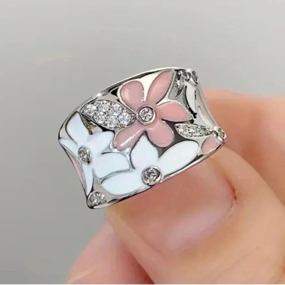 Silver Pink & White Flower Zircon Ring